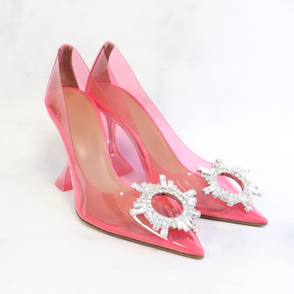 Amina Muaddi Pink PVC Crystal-Embellished Slingback Heels